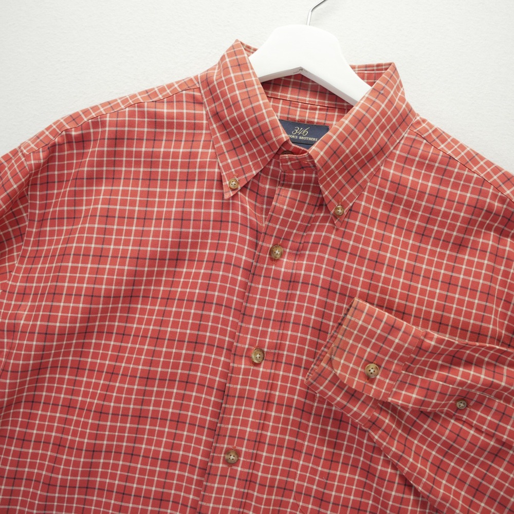 Brooks‎ Brothers 346 Mens Medium Non-Iron Cotton Plaid Button Down Shirt Orange